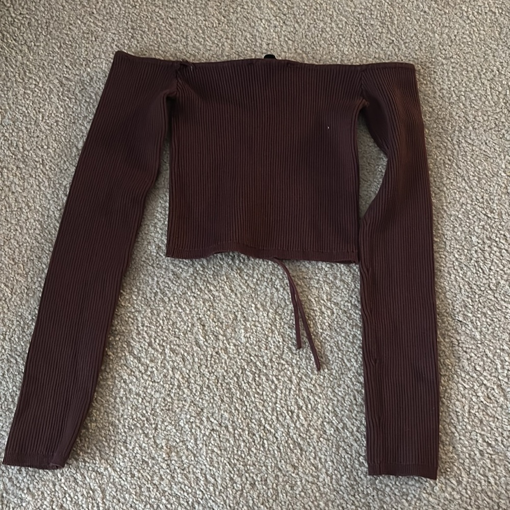 “Zara”: Brown Off-Shoulder Ribbed Top - Picture 3 of 4